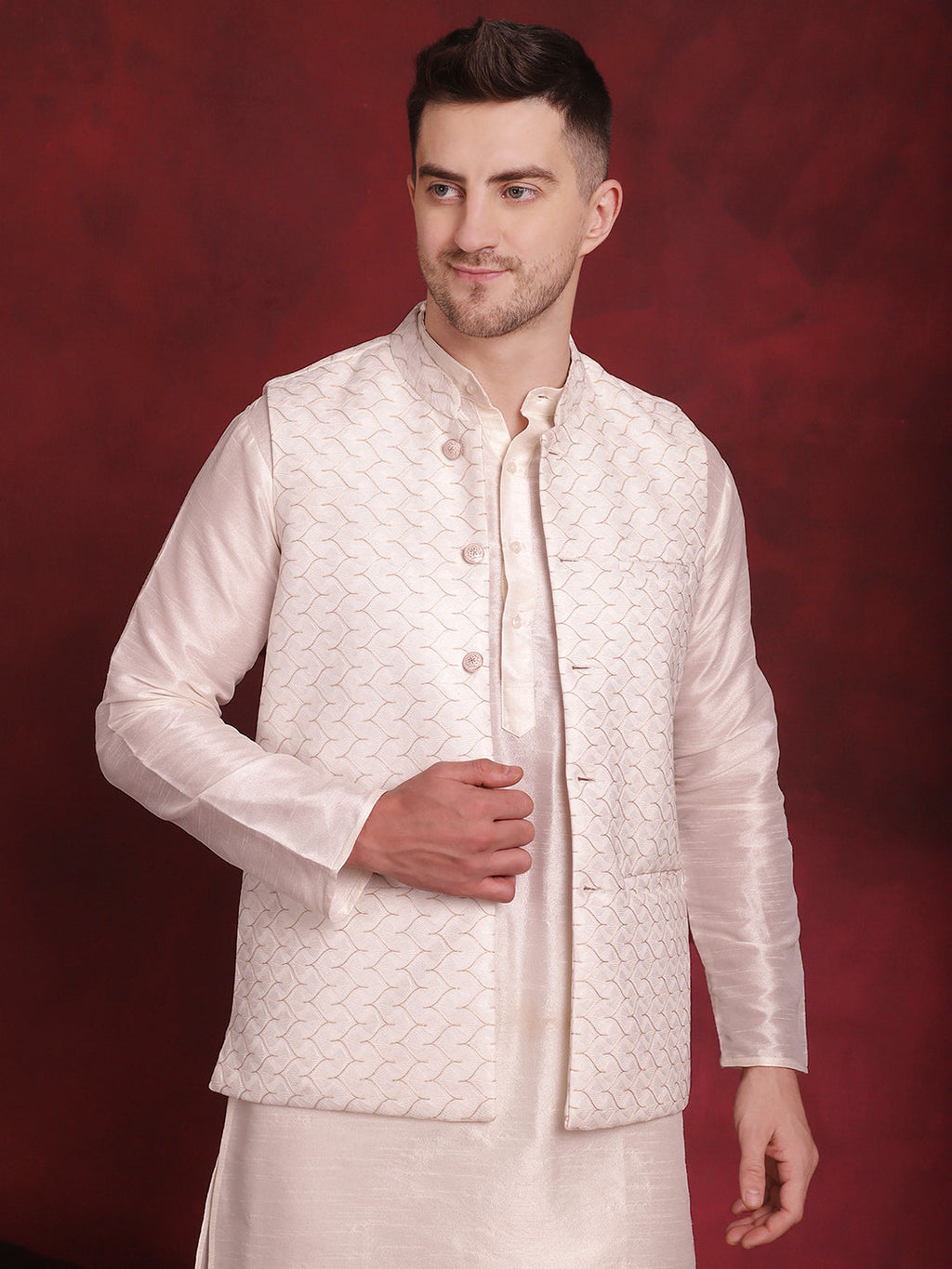 Jompers Men's White Woven Design Nehru Jacket With Kurta Pyjama Set - White