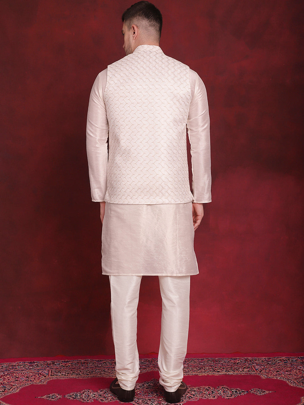 Jompers Men's White Woven Design Nehru Jacket With Kurta Pyjama Set - White