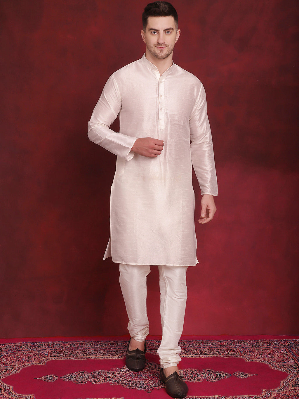 Jompers Men's White Woven Design Nehru Jacket With Kurta Pyjama Set - White