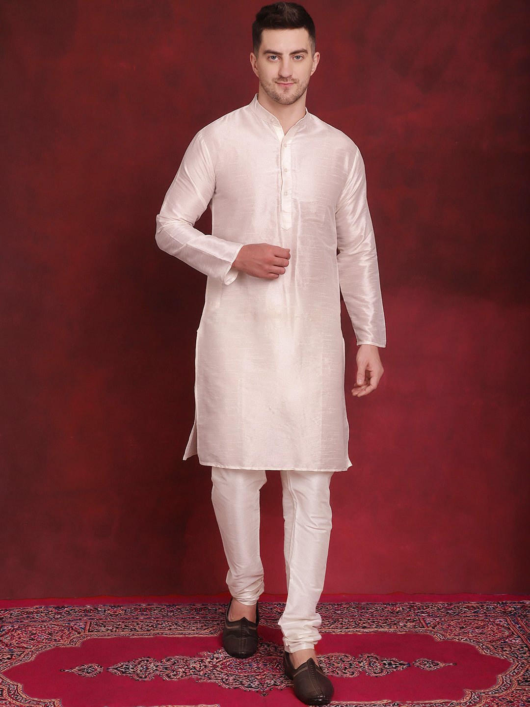 Jompers Men's White Woven Design Nehru Jacket With Kurta Pyjama Set - White