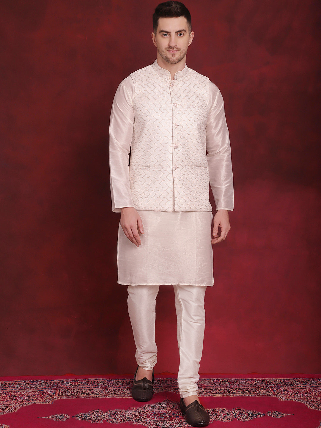 Jompers Men's White Woven Design Nehru Jacket With Kurta Pyjama Set - White