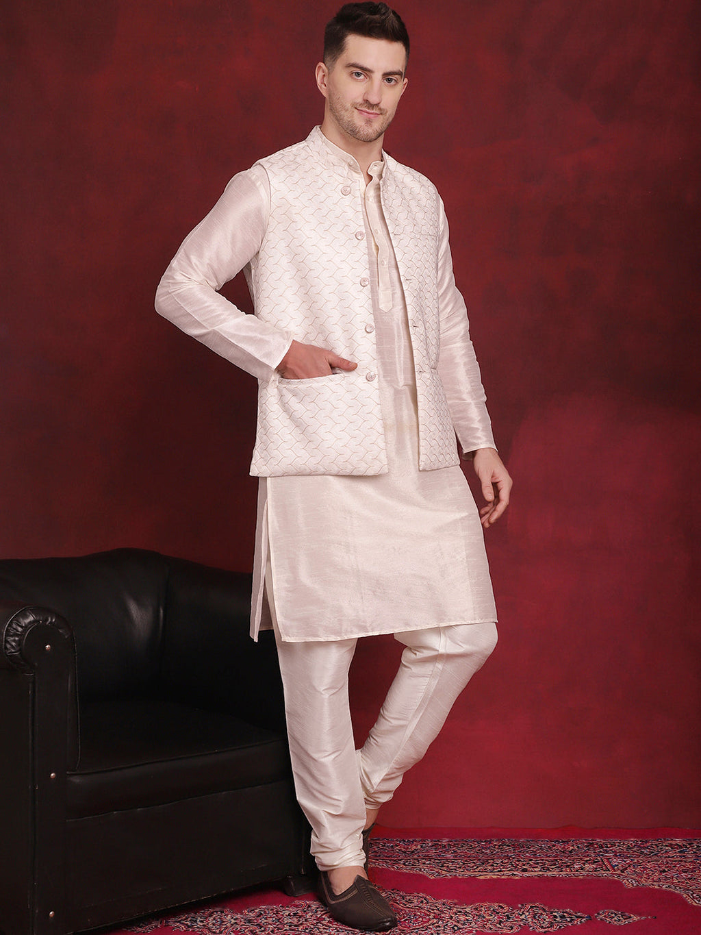 Jompers Men's White Woven Design Nehru Jacket With Kurta Pyjama Set - White