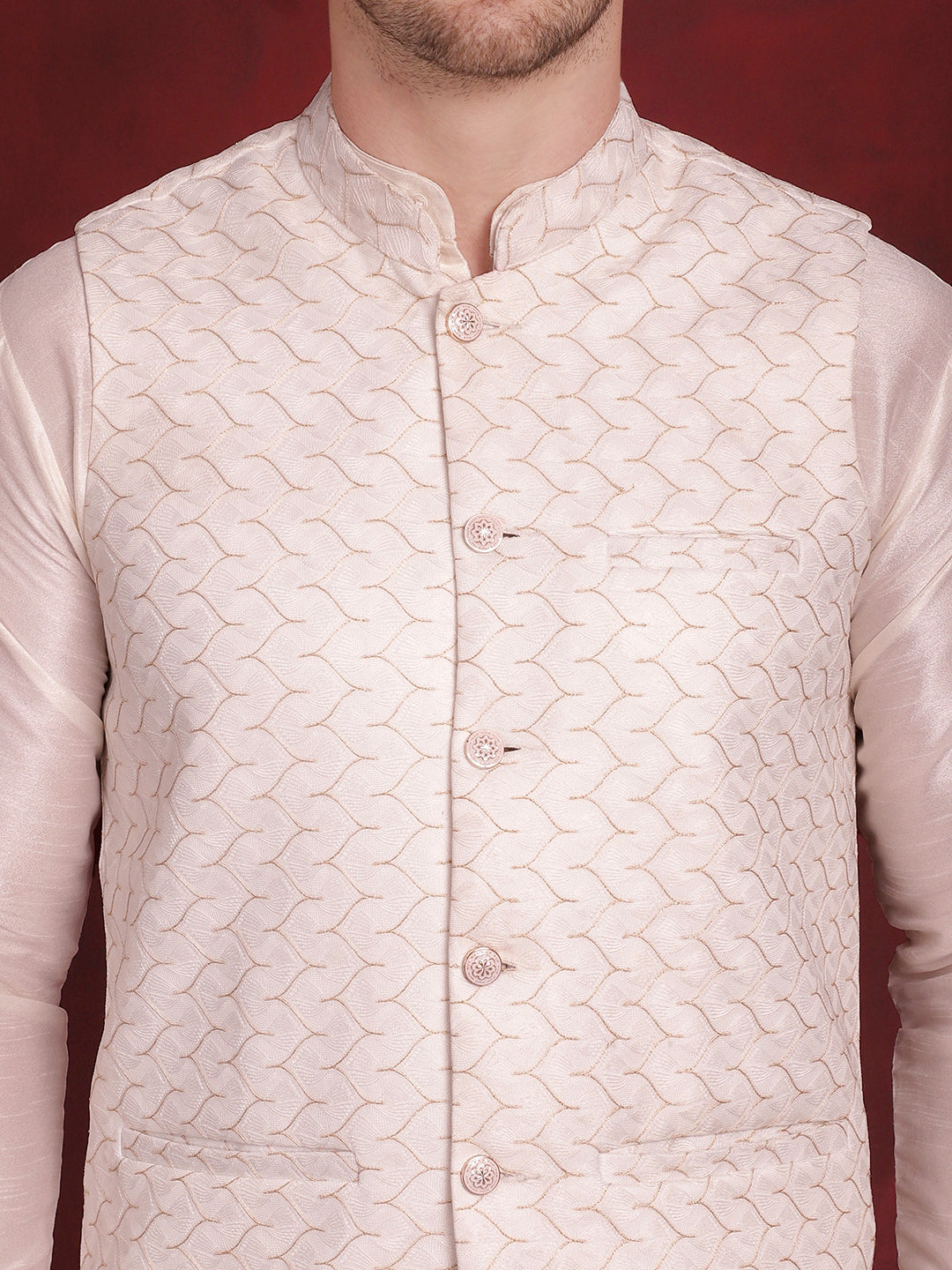 Jompers Men's White Woven Design Nehru Jacket With Kurta Pyjama Set - White