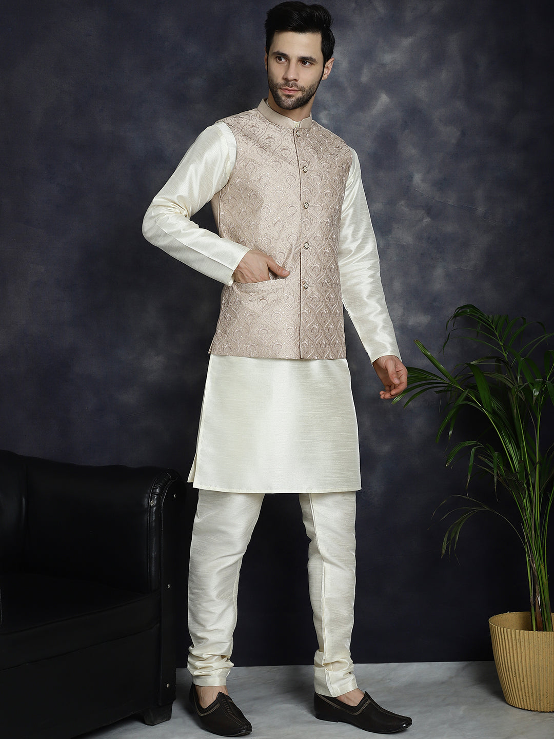 Jompers Men's Sequins and Embroidred Nehru Jacket With Solid Kurta Pyjama - Peach
