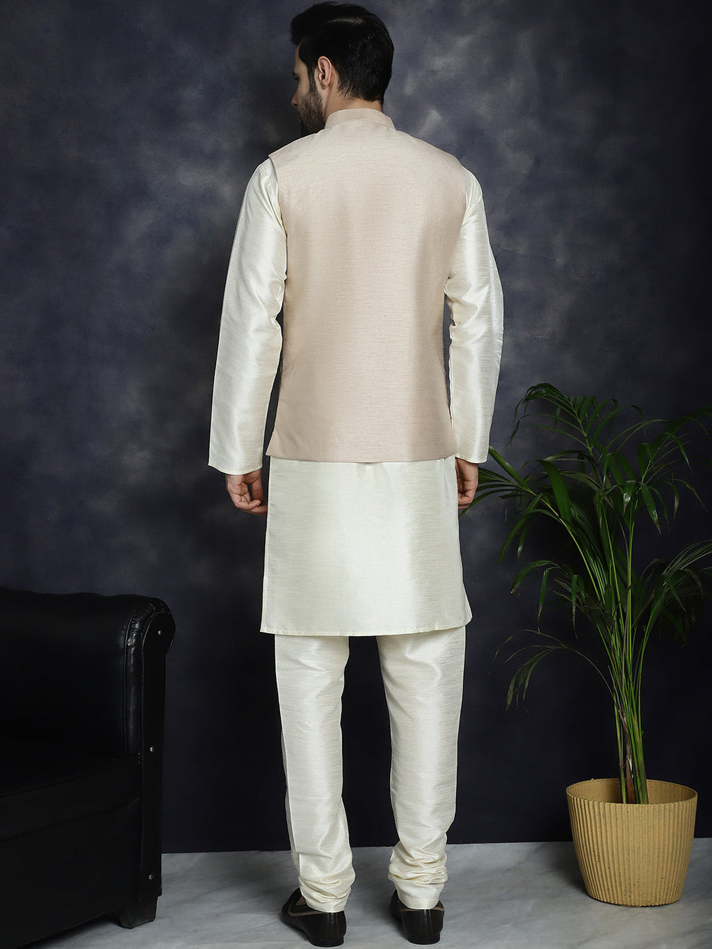 Jompers Men's Sequins and Embroidred Nehru Jacket With Solid Kurta Pyjama - Peach