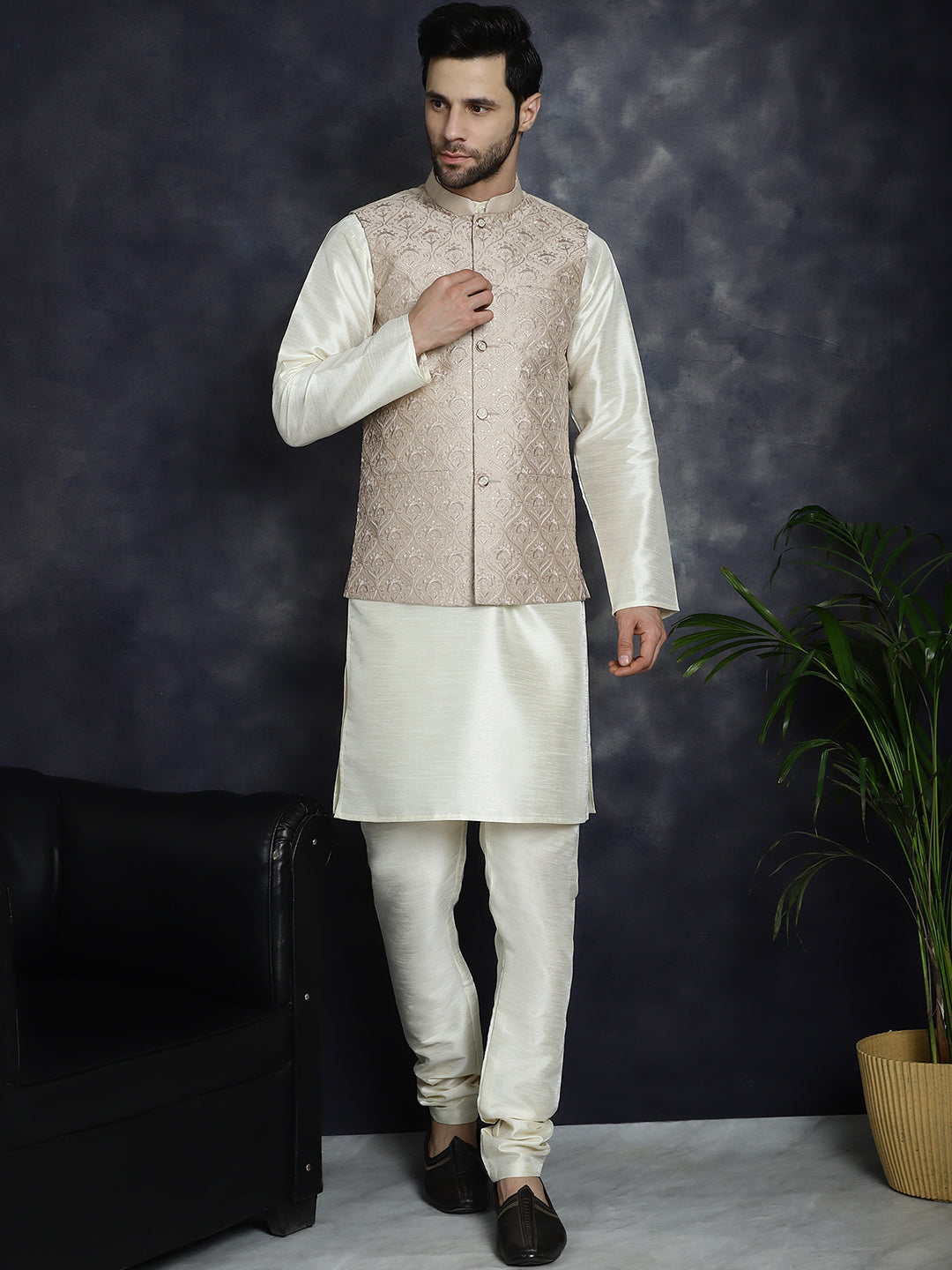 Jompers Men's Sequins and Embroidred Nehru Jacket With Solid Kurta Pyjama - Peach
