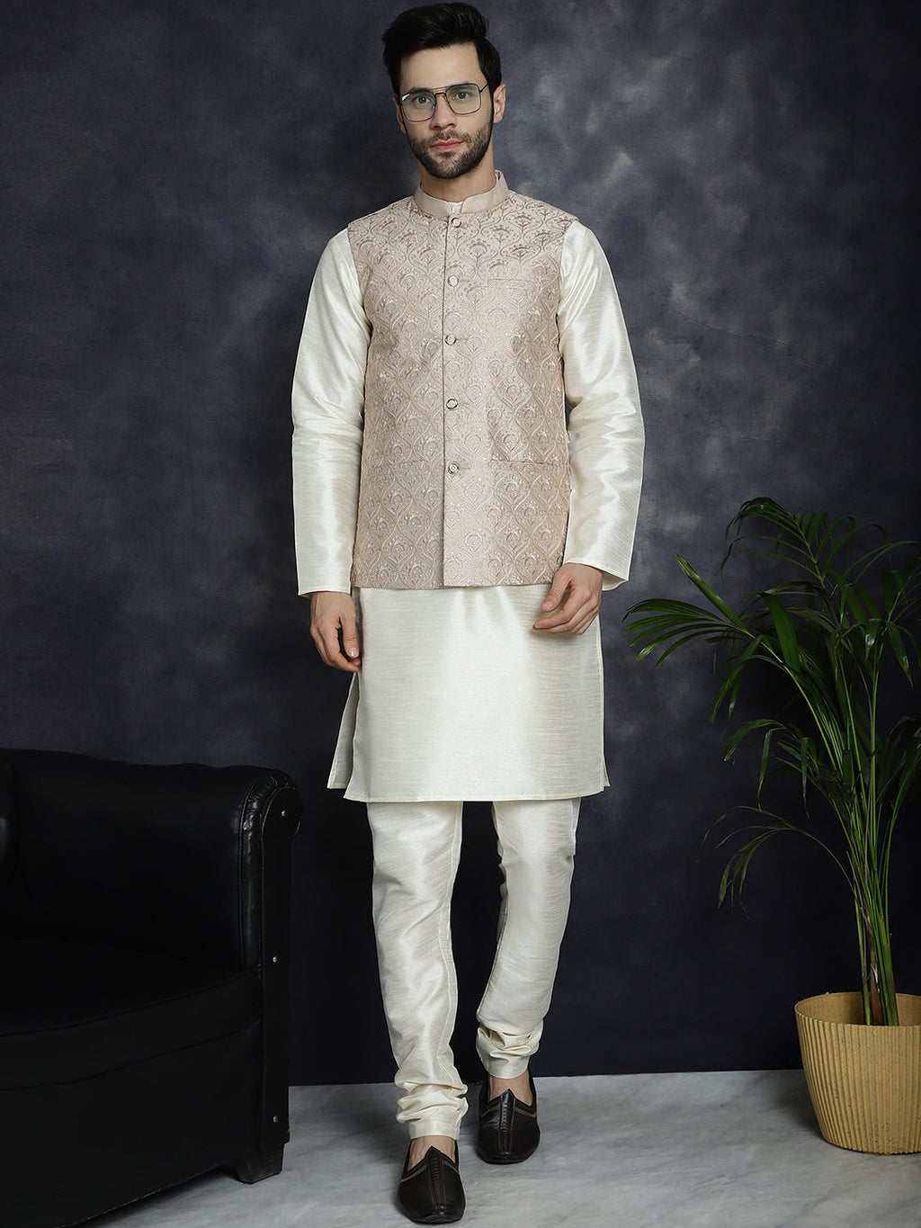 Jompers Men's Sequins and Embroidred Nehru Jacket With Solid Kurta Pyjama - Peach