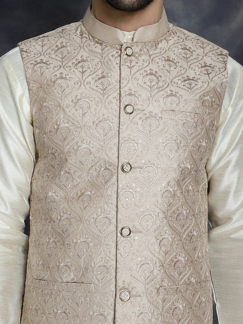 Jompers Men's Sequins and Embroidred Nehru Jacket With Solid Kurta Pyjama - Peach