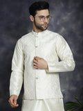 Jompers Men's Sequins and Embroidred Nehru Jacket With Solid Kurta Pyjama - White