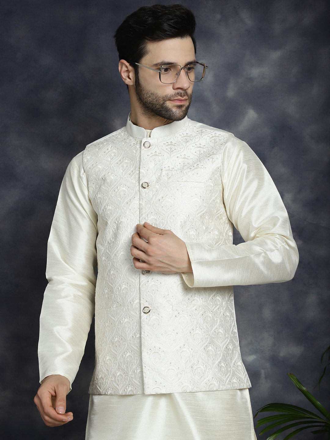 Jompers Men's Sequins and Embroidred Nehru Jacket With Solid Kurta Pyjama - White