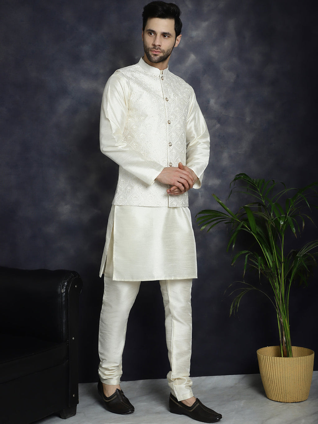 Jompers Men's Sequins and Embroidred Nehru Jacket With Solid Kurta Pyjama - White