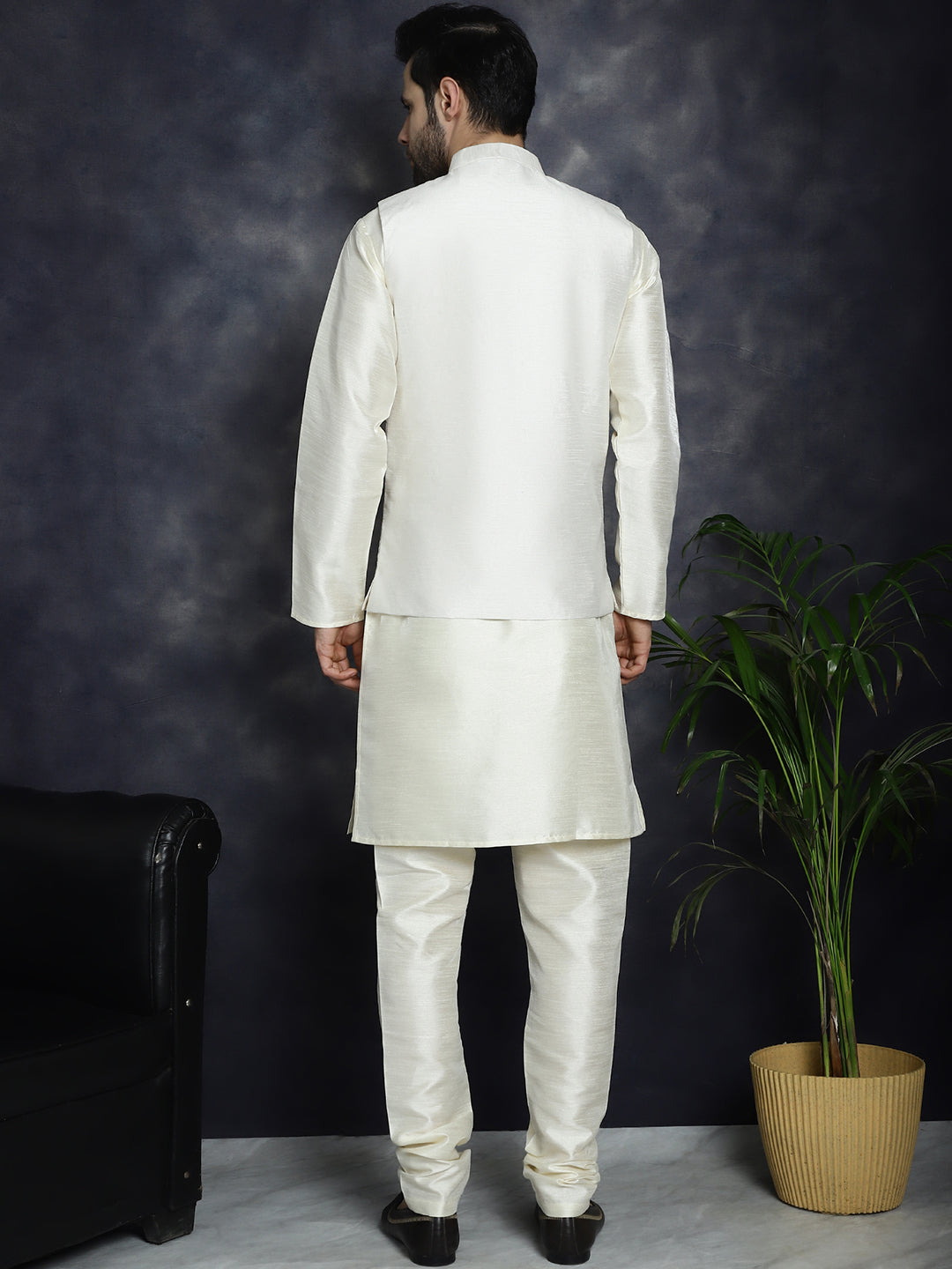 Jompers Men's Sequins and Embroidred Nehru Jacket With Solid Kurta Pyjama - White