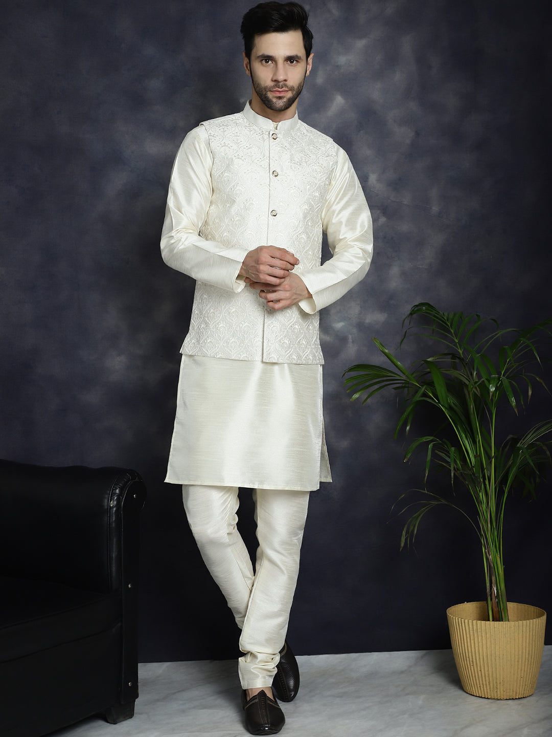 Jompers Men's Sequins and Embroidred Nehru Jacket With Solid Kurta Pyjama - White