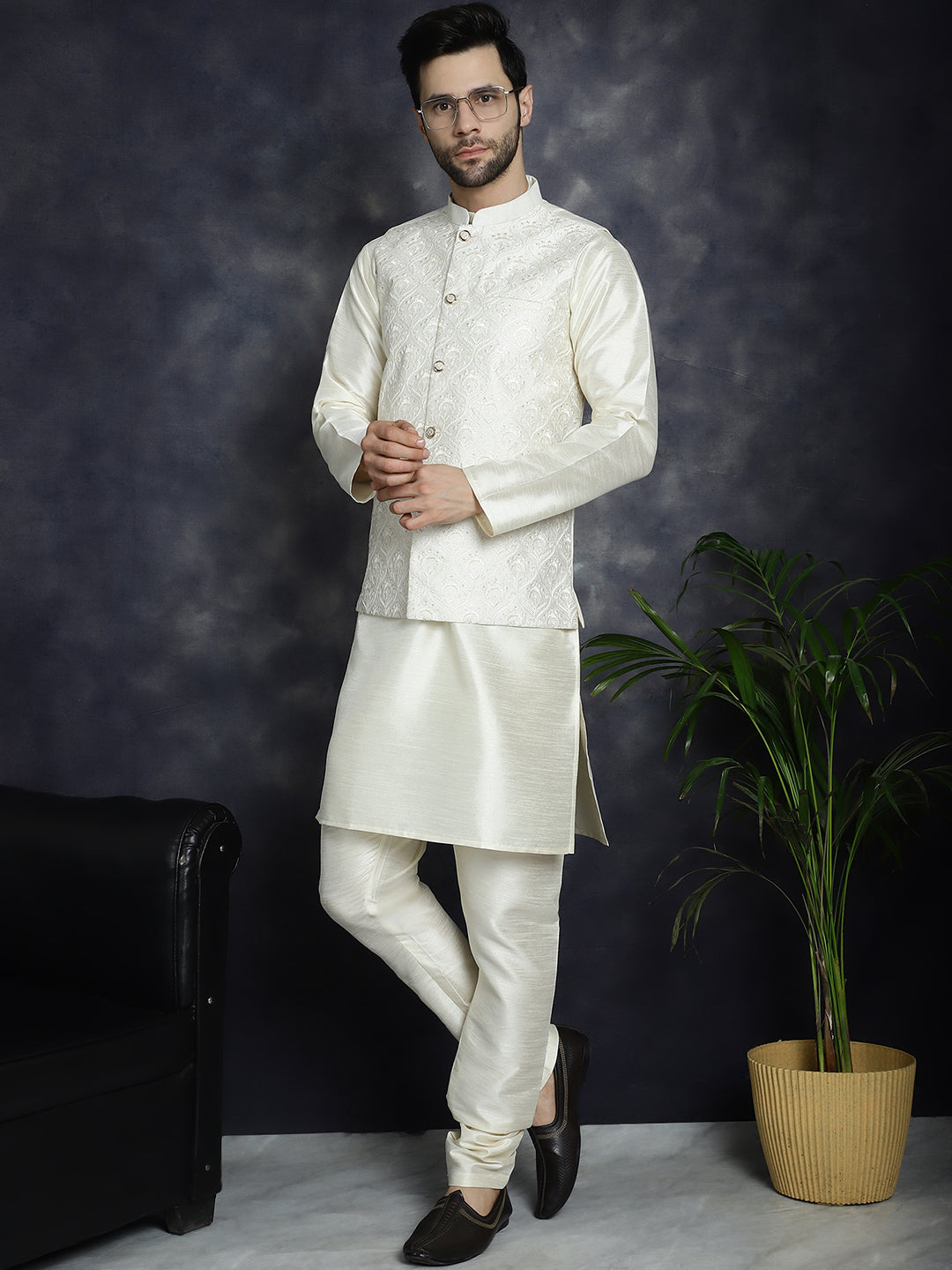 Jompers Men's Sequins and Embroidred Nehru Jacket With Solid Kurta Pyjama - White