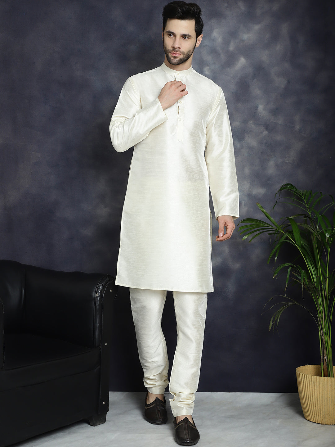 Jompers Men's Sequins and Embroidred Nehru Jacket With Solid Kurta Pyjama - White