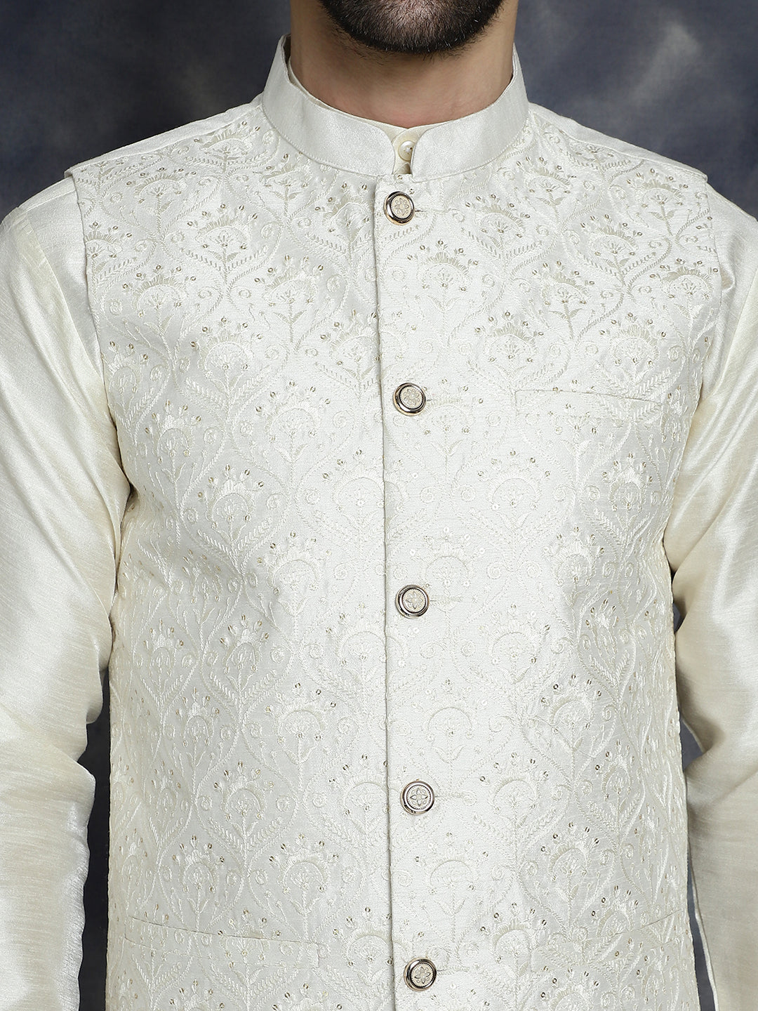 Jompers Men's Sequins and Embroidred Nehru Jacket With Solid Kurta Pyjama - White