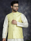 Jompers Men's Sequins and Embroidred Nehru Jacket With Solid Kurta Pyjama - Yellow