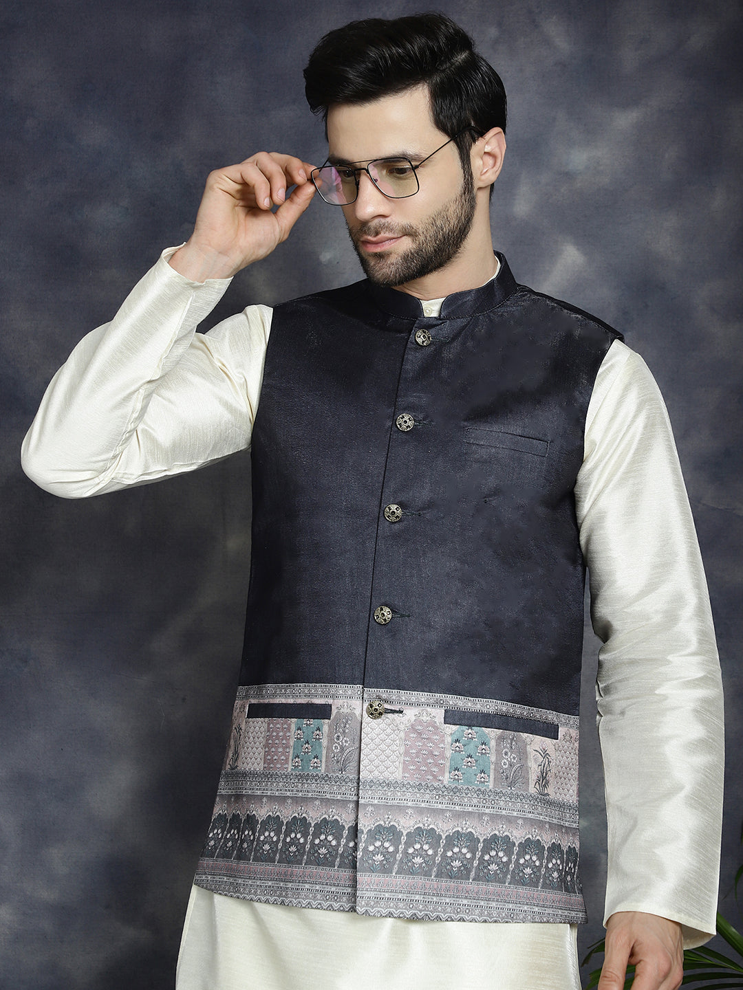 Jompers Men's Printed Nehru Jacket With Solid Kurta Pyjama - Black