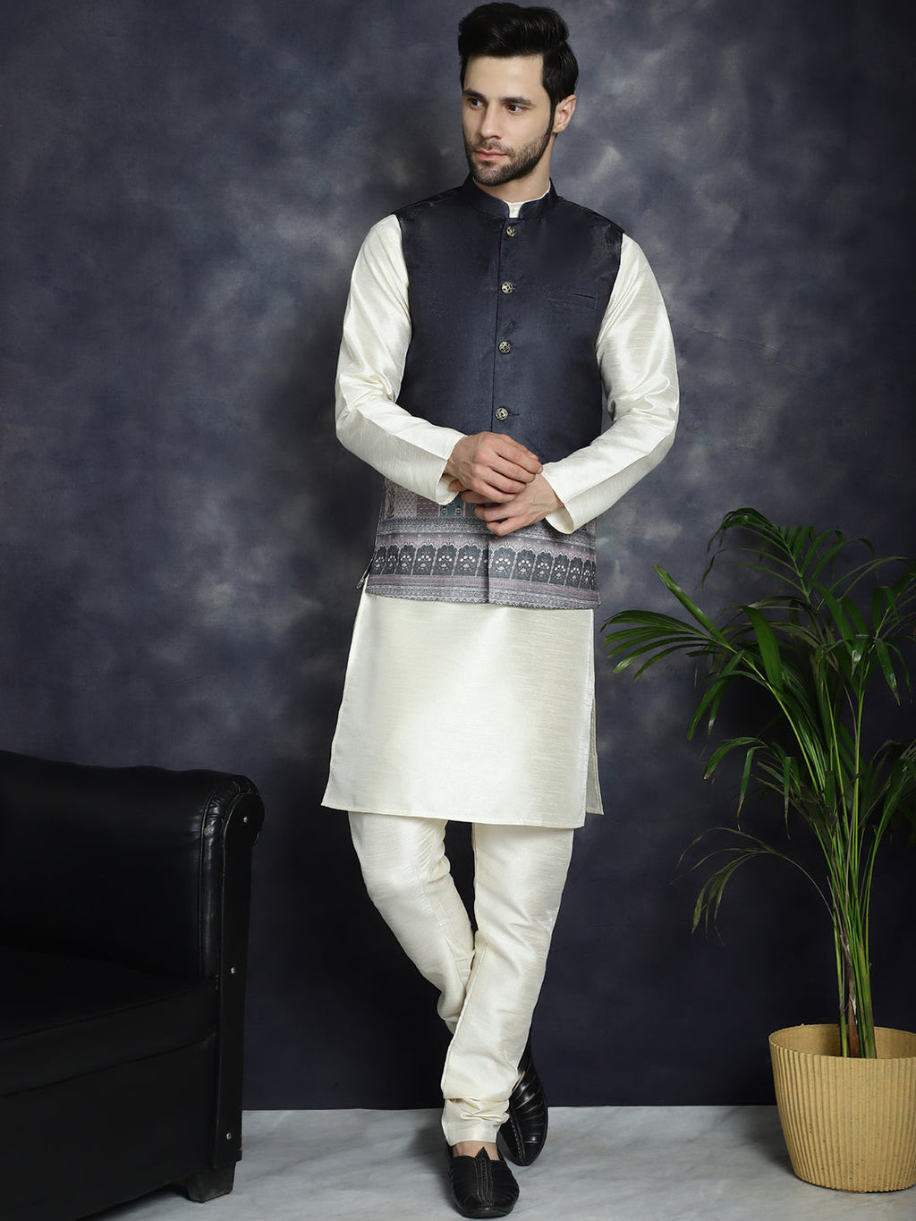 Jompers Men's Printed Nehru Jacket With Solid Kurta Pyjama - Black