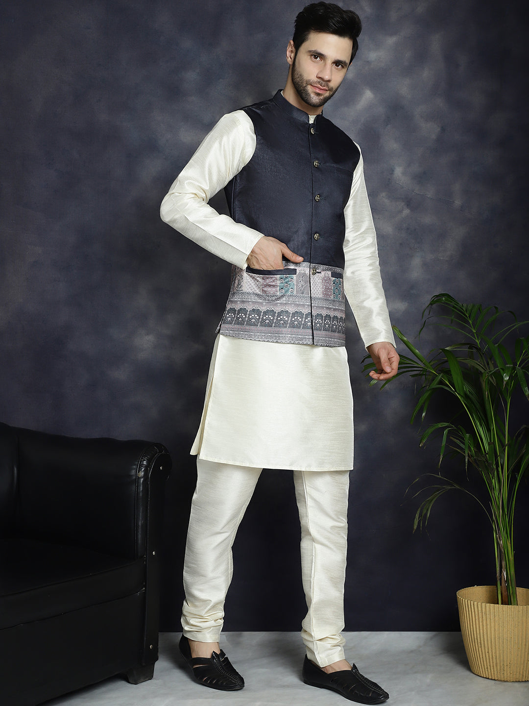 Jompers Men's Printed Nehru Jacket With Solid Kurta Pyjama - Black