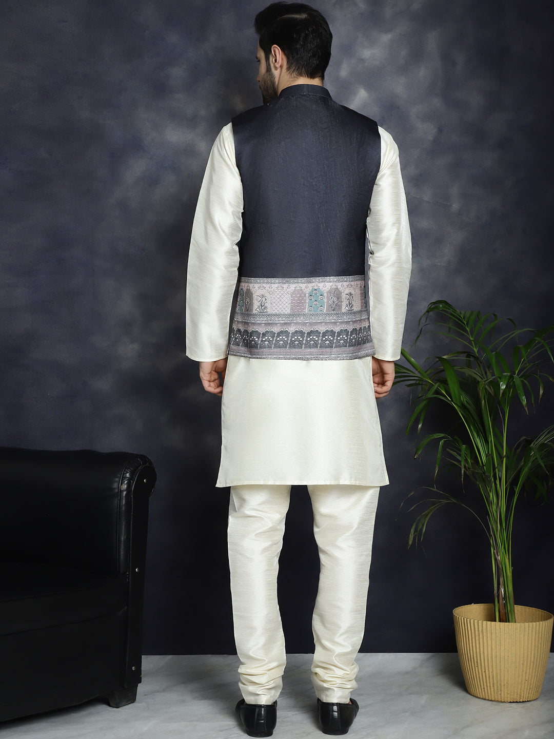 Jompers Men's Printed Nehru Jacket With Solid Kurta Pyjama - Black