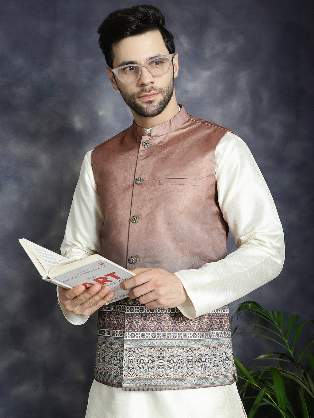 Jompers Men's Printed Nehru Jacket With Solid Kurta Pyjama - Brown