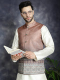 Jompers Men's Printed Nehru Jacket With Solid Kurta Pyjama - Brown