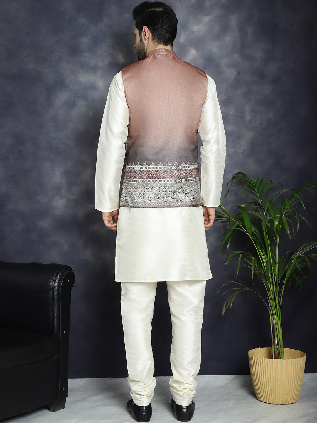 Jompers Men's Printed Nehru Jacket With Solid Kurta Pyjama - Brown