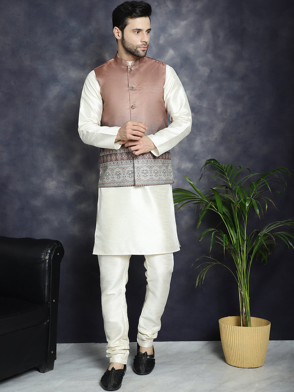 Jompers Men's Printed Nehru Jacket With Solid Kurta Pyjama - Brown