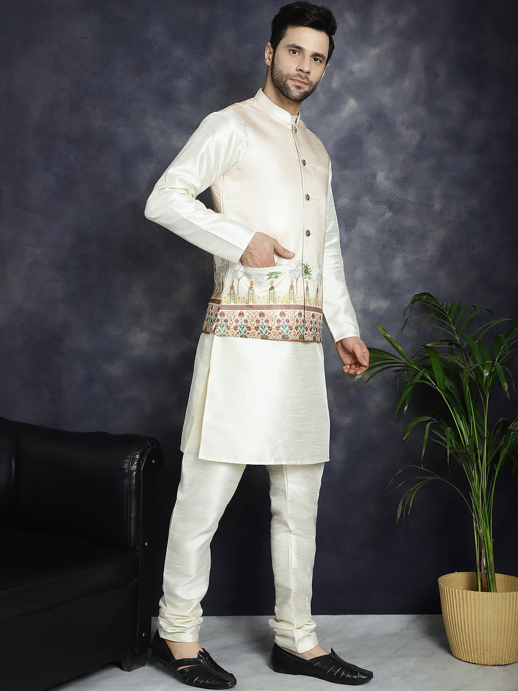 Jompers Men's Printed Nehru Jacket With Solid Kurta Pyjama - Golden