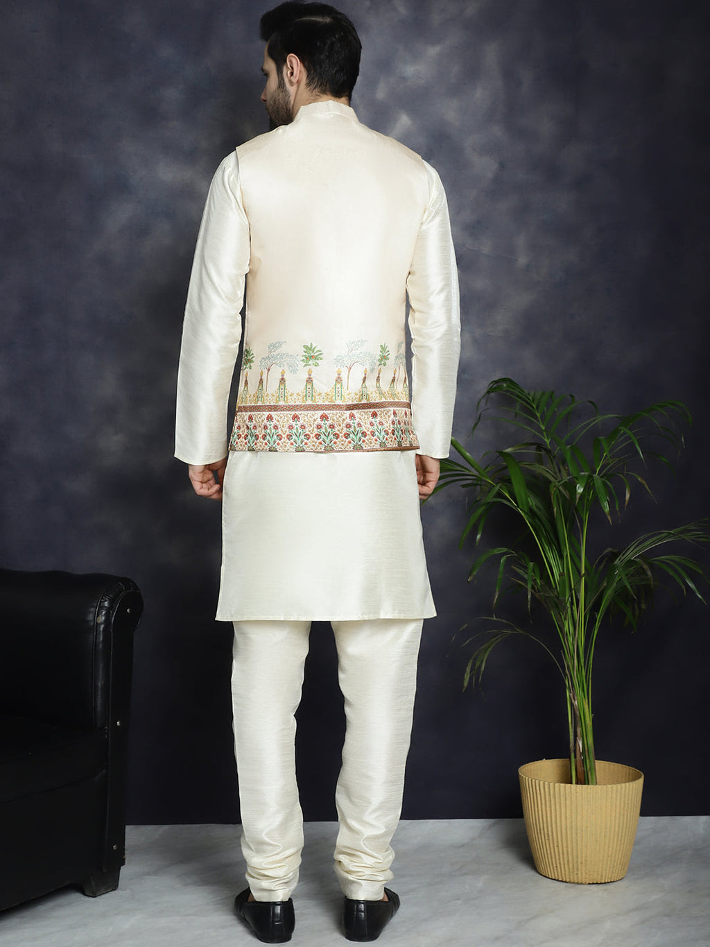 Jompers Men's Printed Nehru Jacket With Solid Kurta Pyjama - Golden
