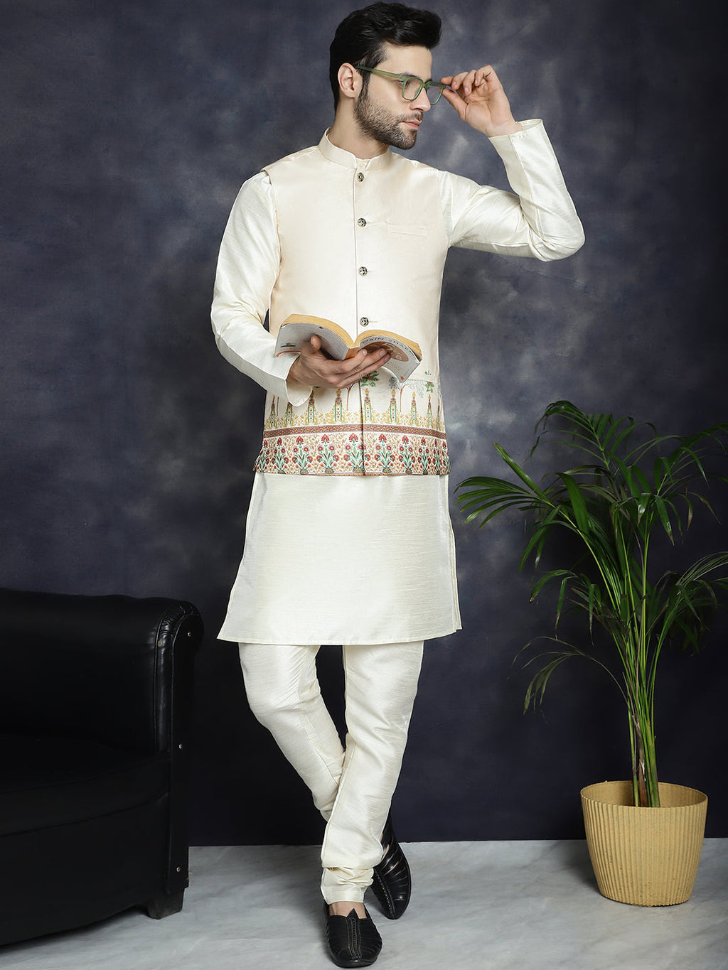 Jompers Men's Printed Nehru Jacket With Solid Kurta Pyjama - Golden
