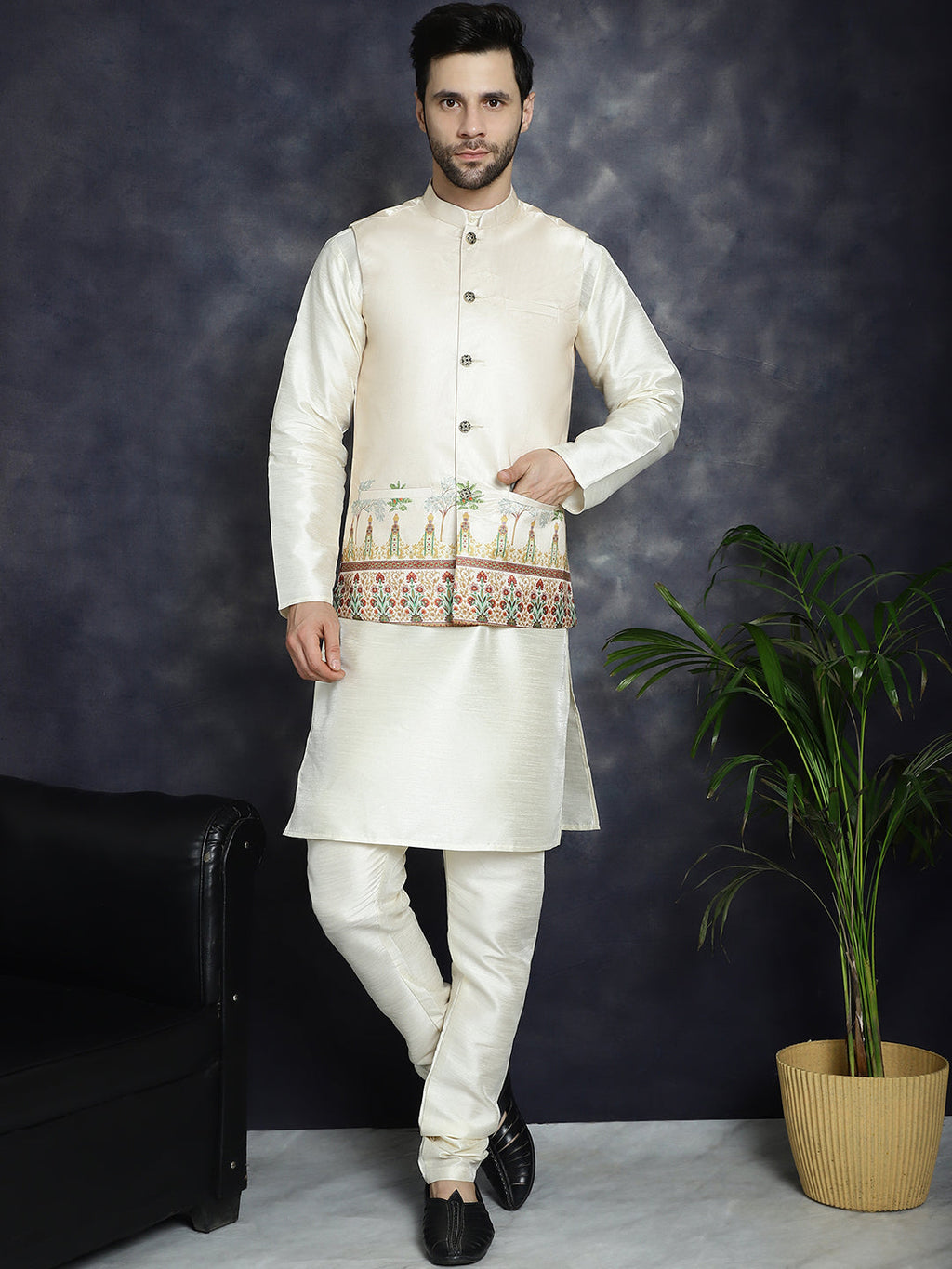 Jompers Men's Printed Nehru Jacket With Solid Kurta Pyjama - Golden