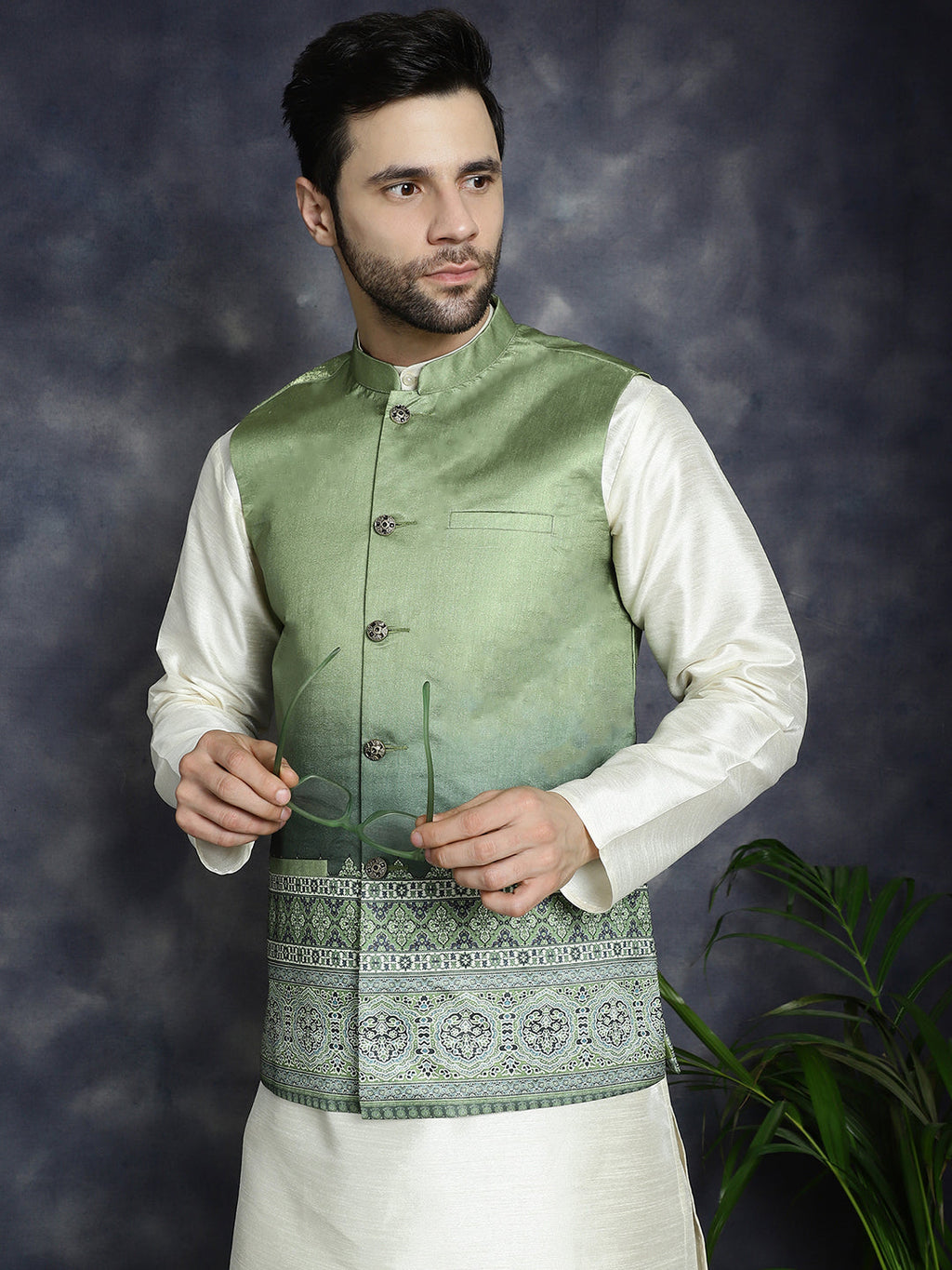 Jompers Men's Printed Nehru Jacket With Solid Kurta Pyjama - Green