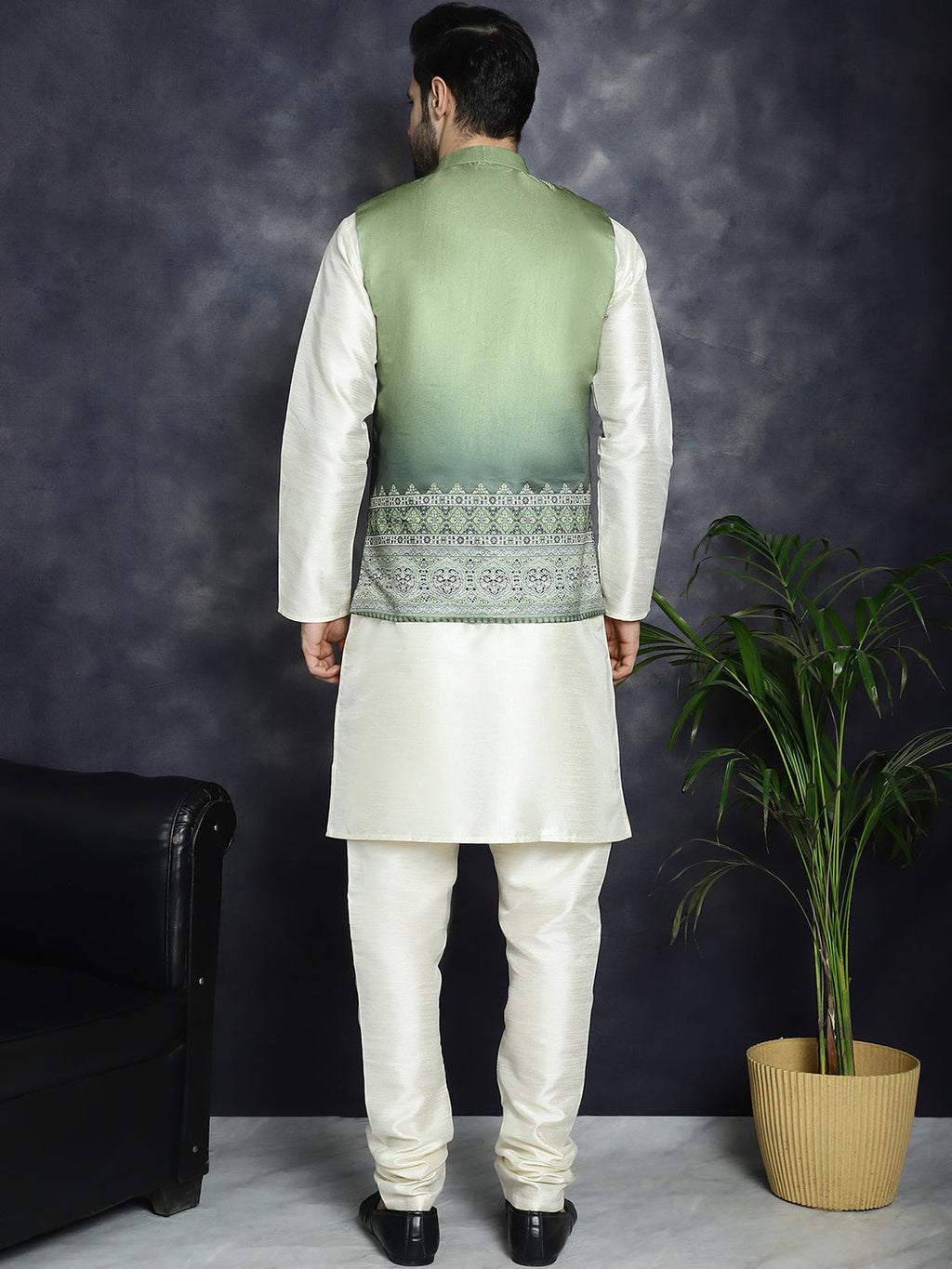 Jompers Men's Printed Nehru Jacket With Solid Kurta Pyjama - Green