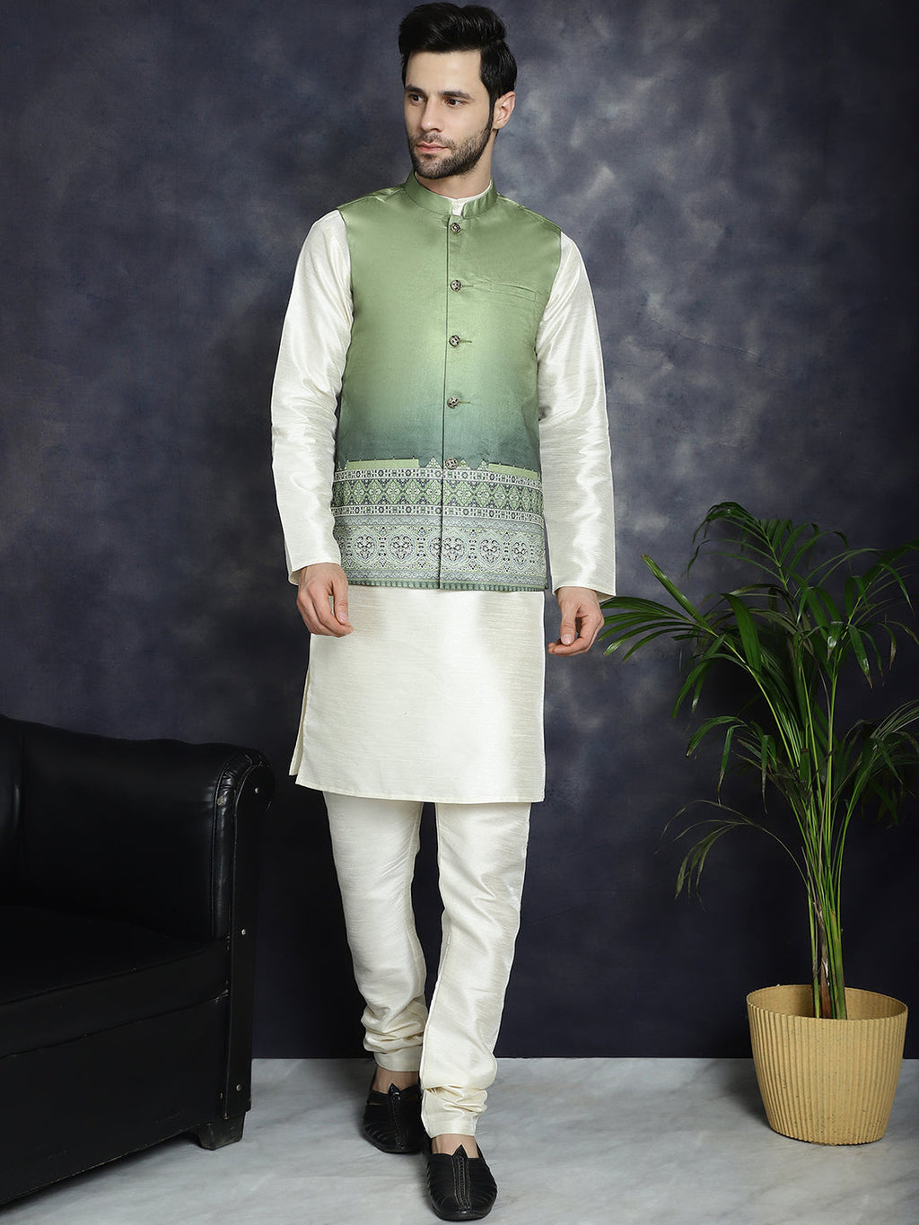 Jompers Men's Printed Nehru Jacket With Solid Kurta Pyjama - Green
