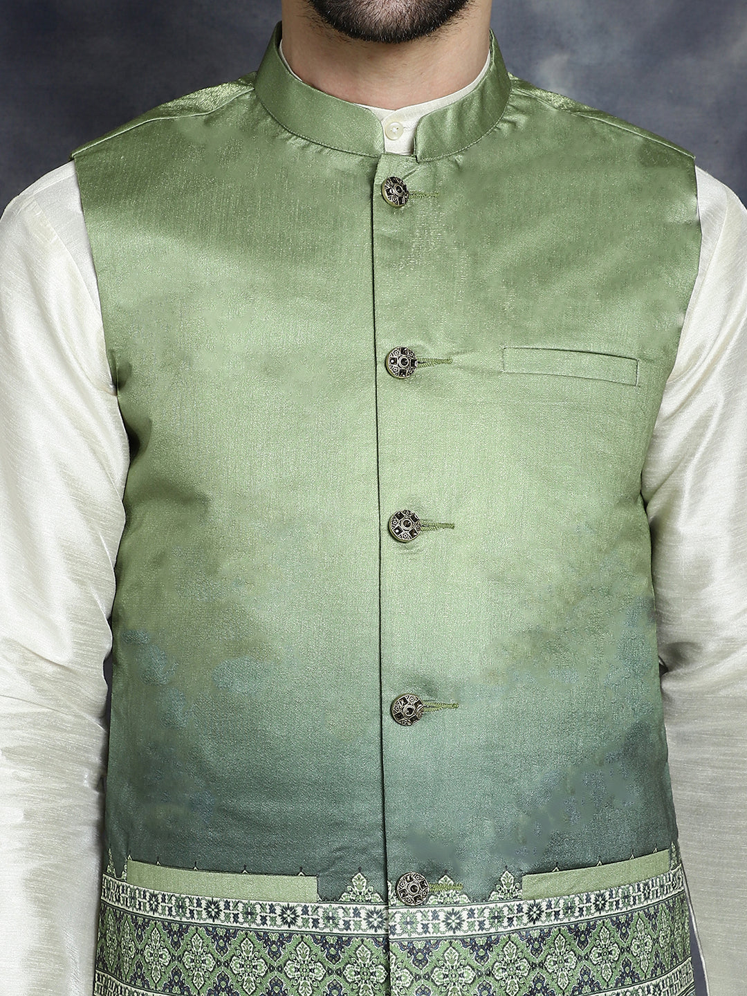 Jompers Men's Printed Nehru Jacket With Solid Kurta Pyjama - Green
