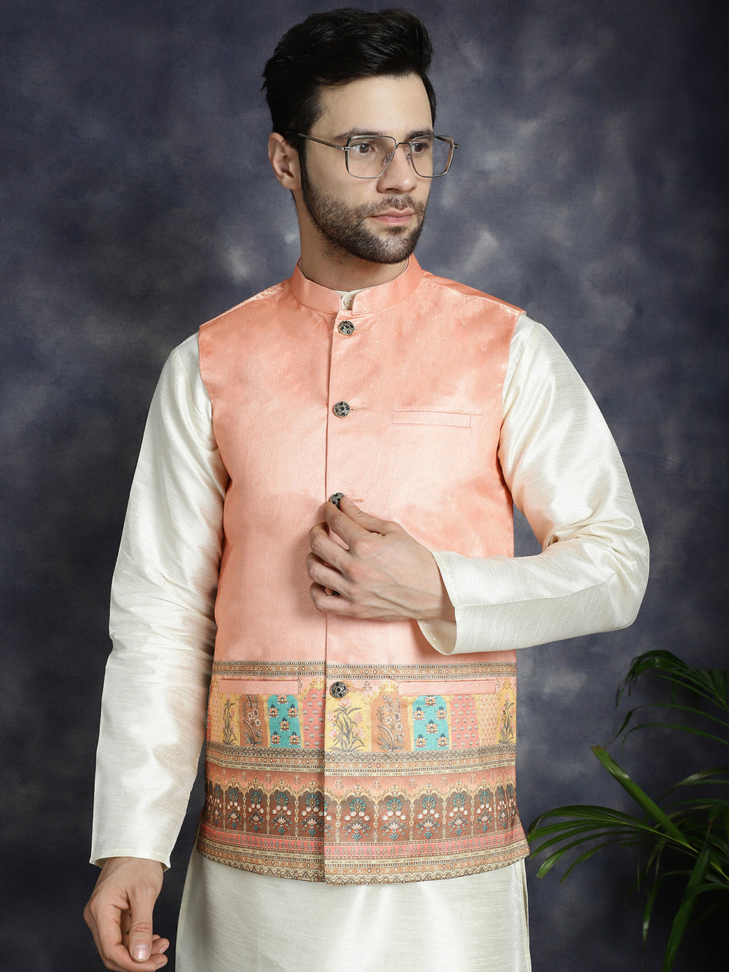Jompers Men's Printed Nehru Jacket With Solid Kurta Pyjama - Peach