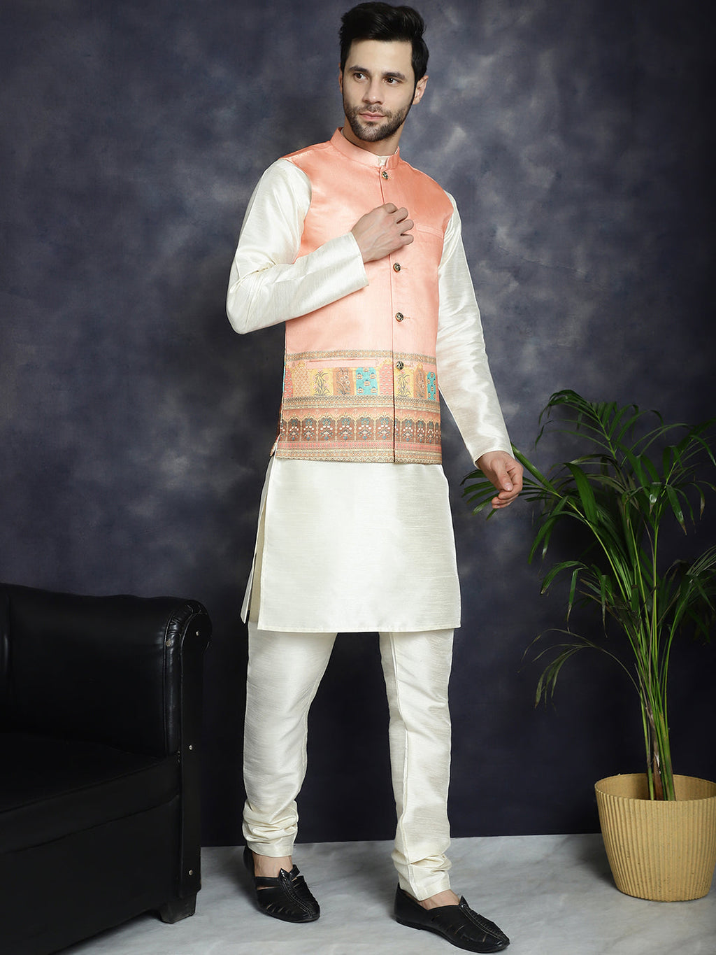 Jompers Men's Printed Nehru Jacket With Solid Kurta Pyjama - Peach
