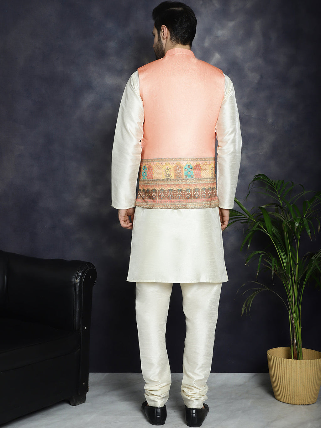 Jompers Men's Printed Nehru Jacket With Solid Kurta Pyjama - Peach
