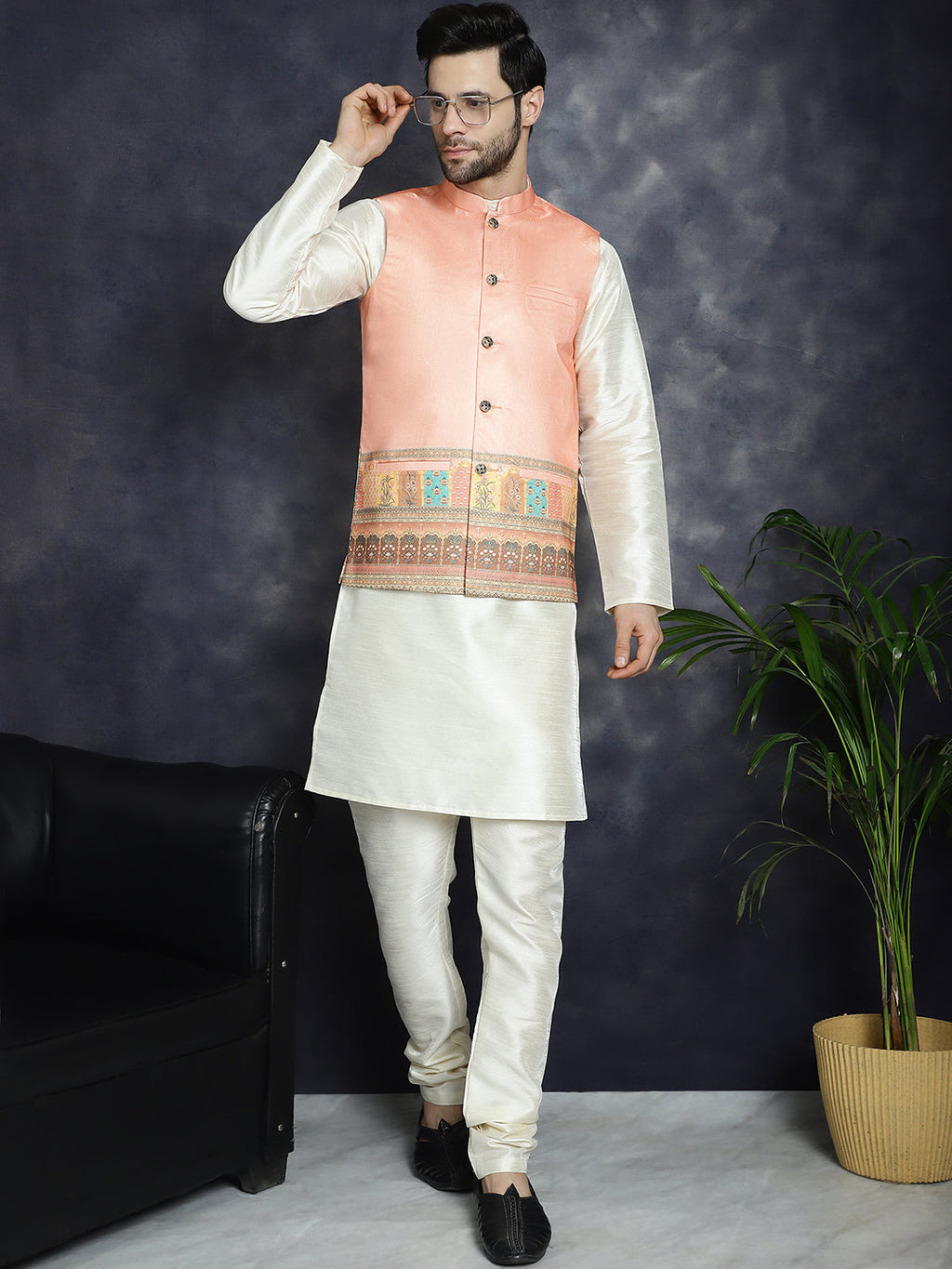 Jompers Men's Printed Nehru Jacket With Solid Kurta Pyjama - Peach
