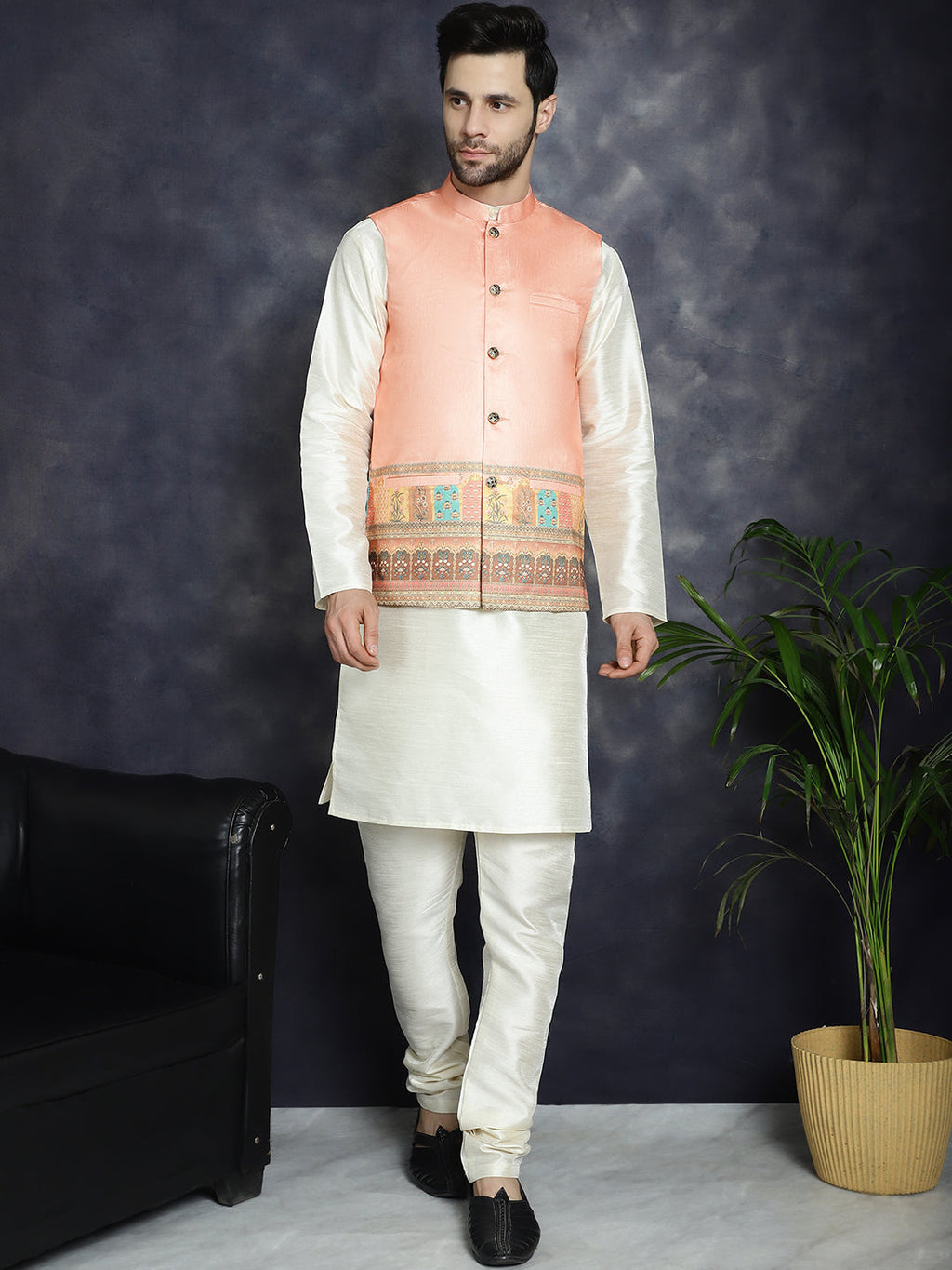 Jompers Men's Printed Nehru Jacket With Solid Kurta Pyjama - Peach