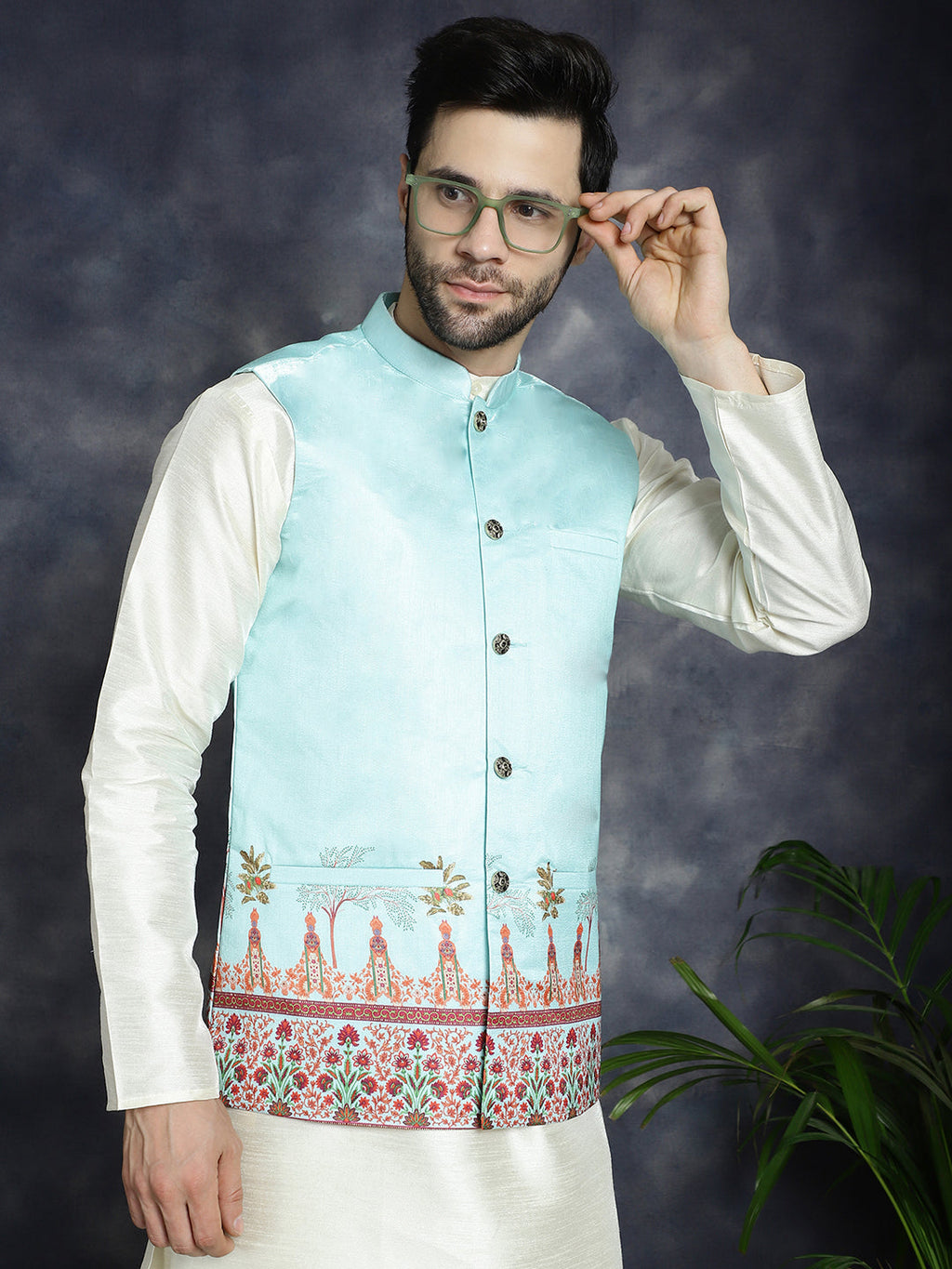Jompers Men's Printed Nehru Jacket With Solid Kurta Pyjama - Sky Blue