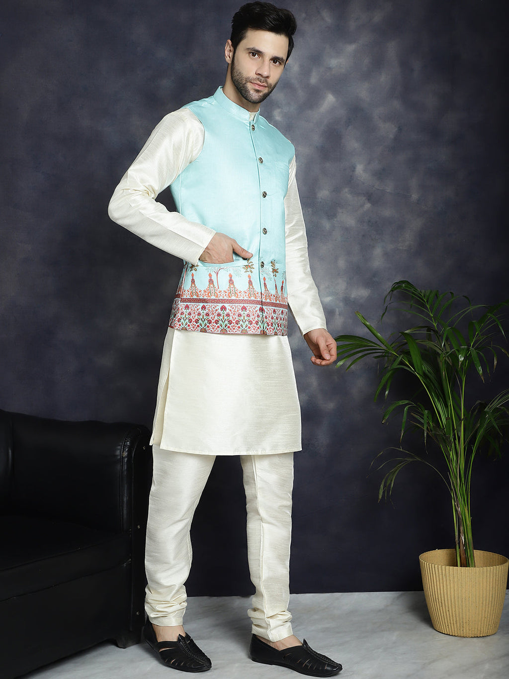 Jompers Men's Printed Nehru Jacket With Solid Kurta Pyjama - Sky Blue