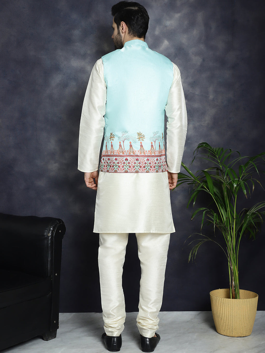 Jompers Men's Printed Nehru Jacket With Solid Kurta Pyjama - Sky Blue