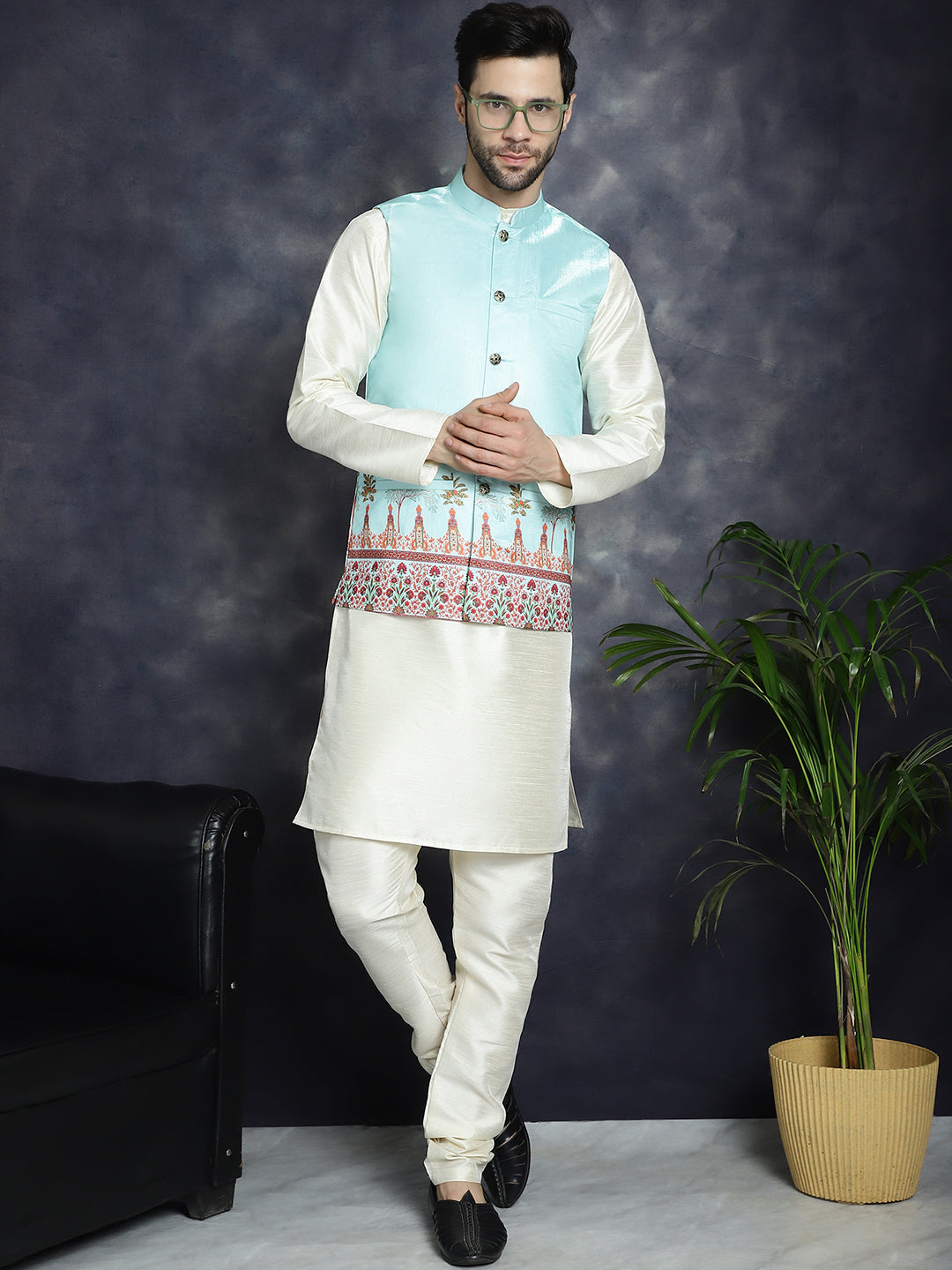Jompers Men's Printed Nehru Jacket With Solid Kurta Pyjama - Sky Blue