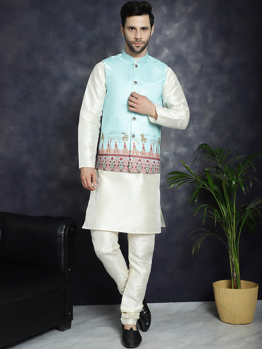 Jompers Men's Printed Nehru Jacket With Solid Kurta Pyjama - Sky Blue