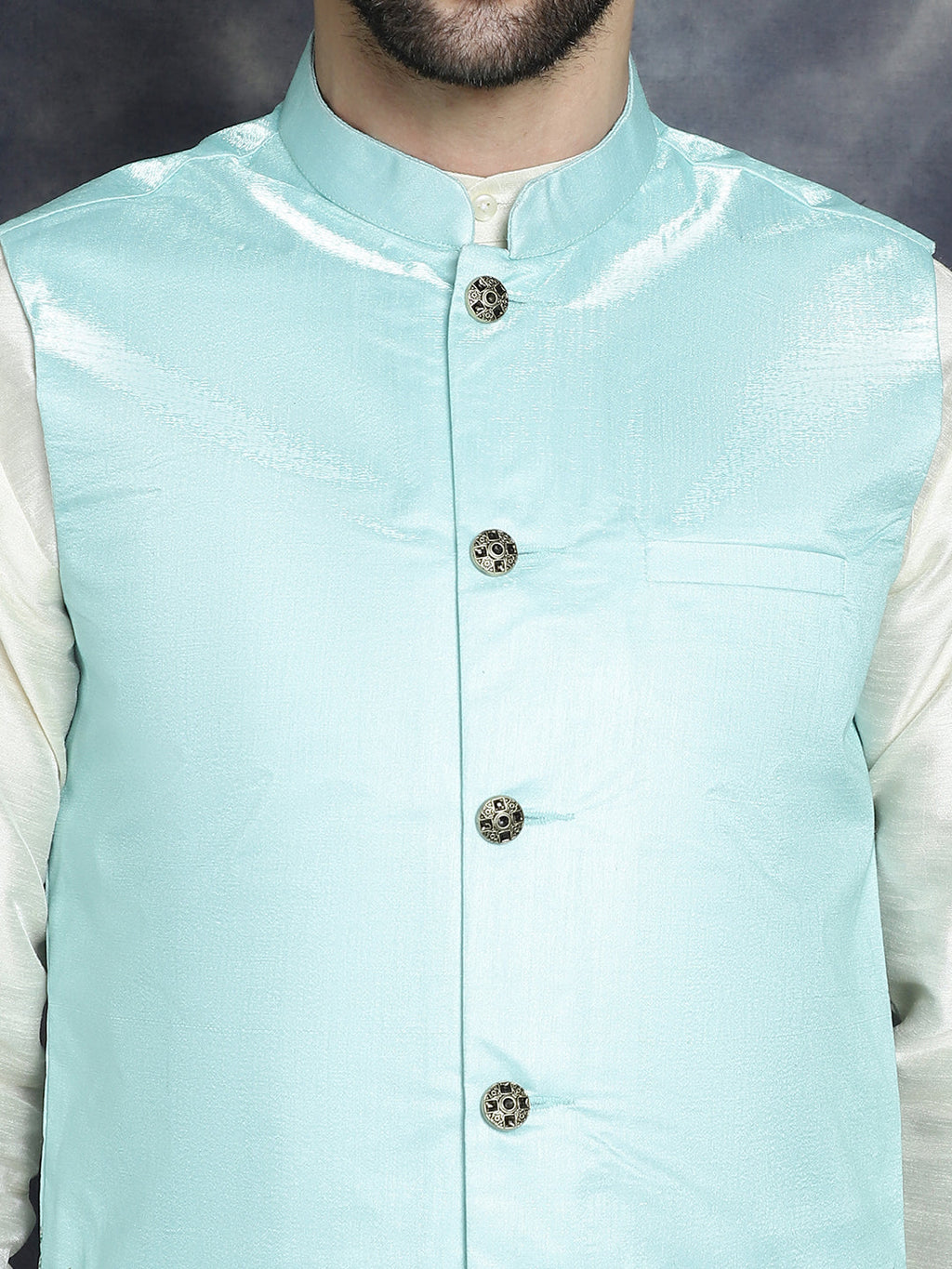 Jompers Men's Printed Nehru Jacket With Solid Kurta Pyjama - Sky Blue