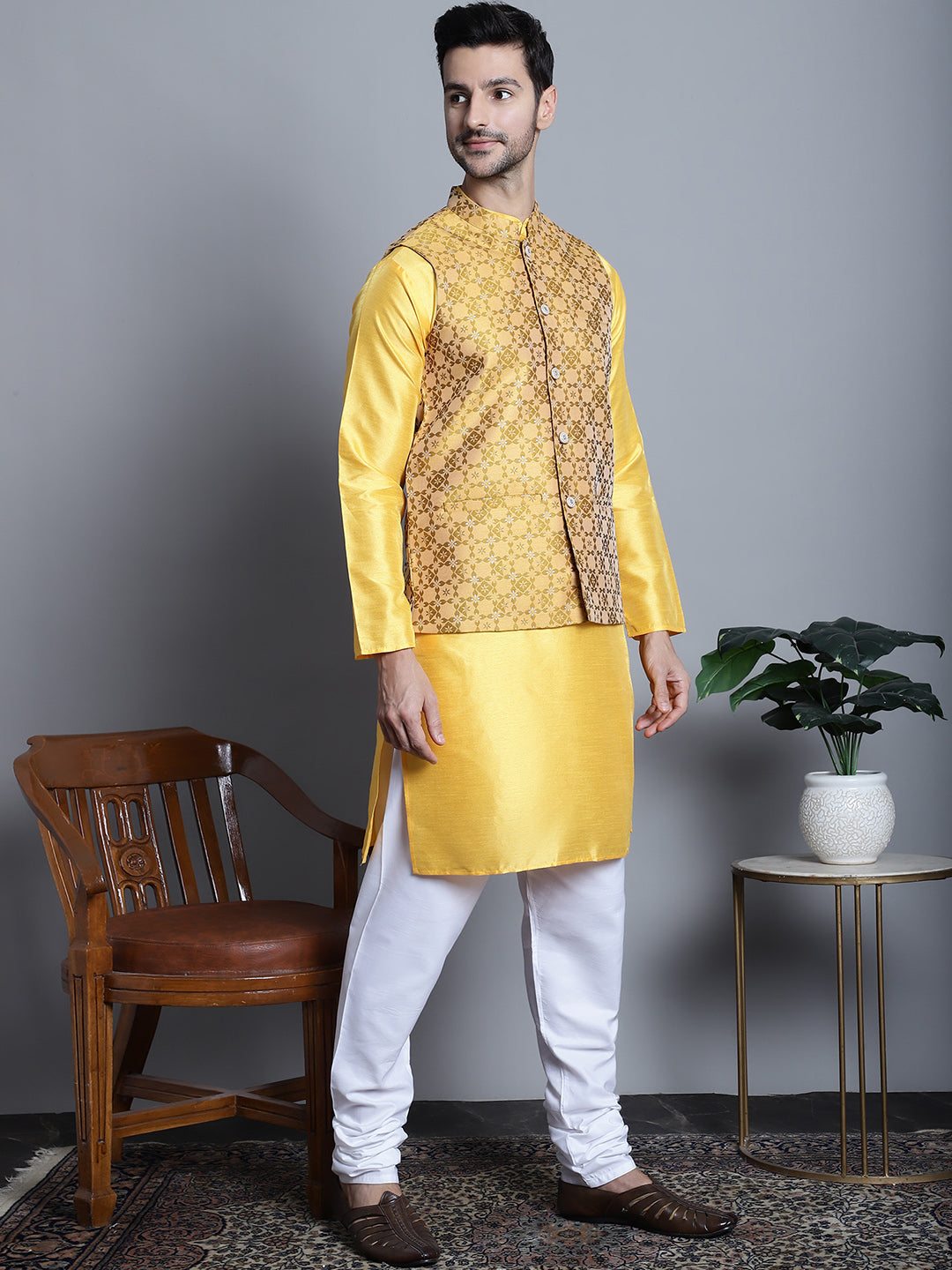 Jompers Men's Woven Design Nehru Jacket With Kurta Pyjama Set - Mustard