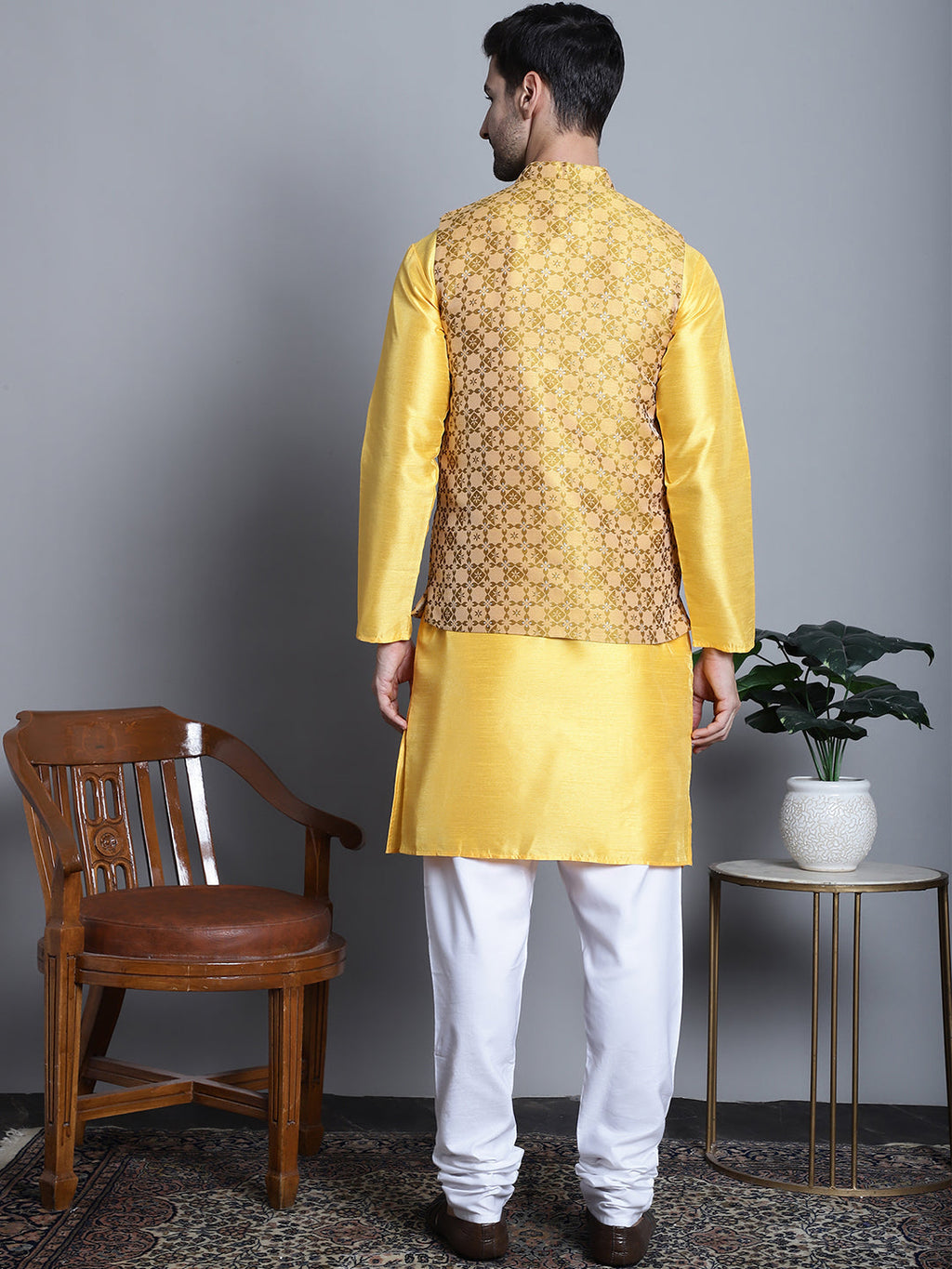Jompers Men's Woven Design Nehru Jacket With Kurta Pyjama Set - Mustard